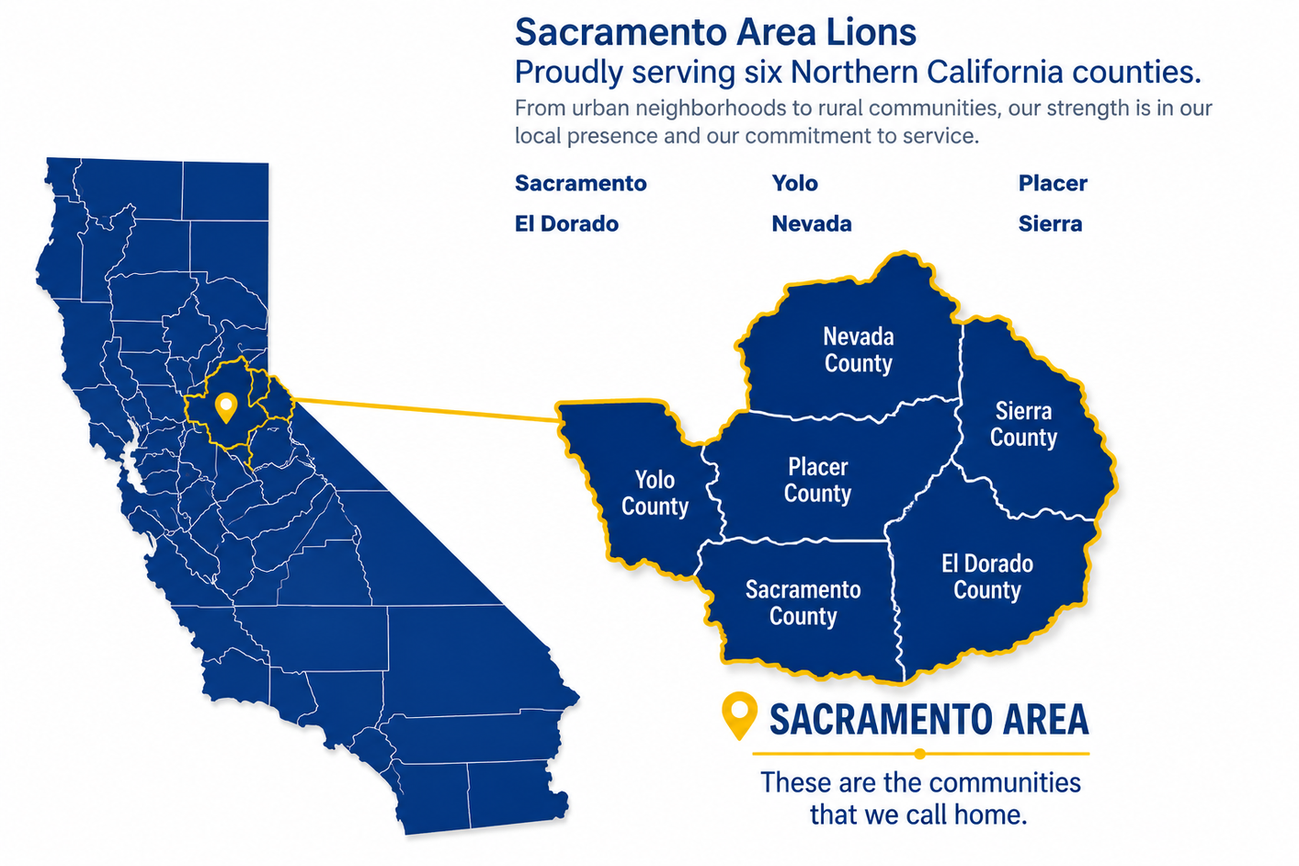 District 4-C5 Sacramento Area communities map showing Sacramento, Yolo, Placer, El Dorado, Nevada and Sierra counties
